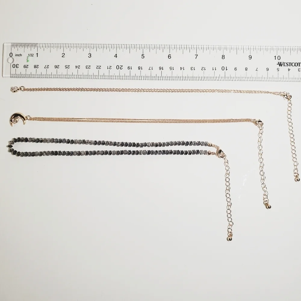3 Tier Layer Necklace Semiprecious Stone, Cubic Zirconia Charms Gold Tone NWT